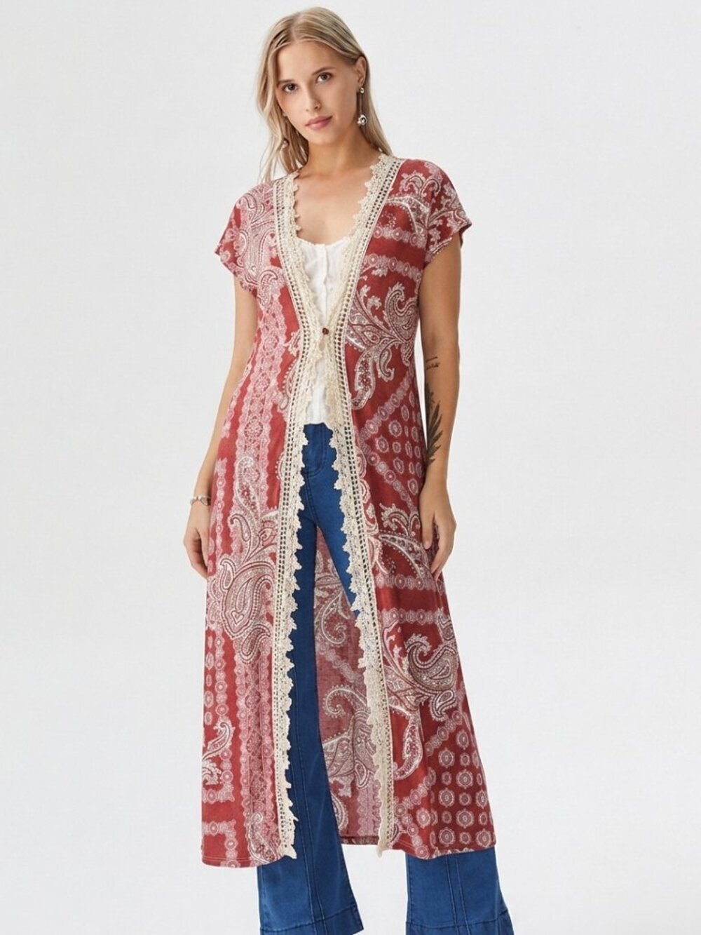 HoneyLee Boho Paisley Print Crochet Lace Open Front With Button Pin Cover-Up